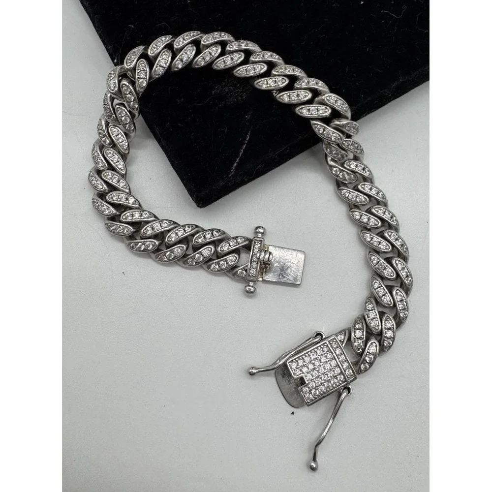 925 Sterling Silver Iced Out Cuban Link Bracelet 10mm Curb Chain 8 Inch